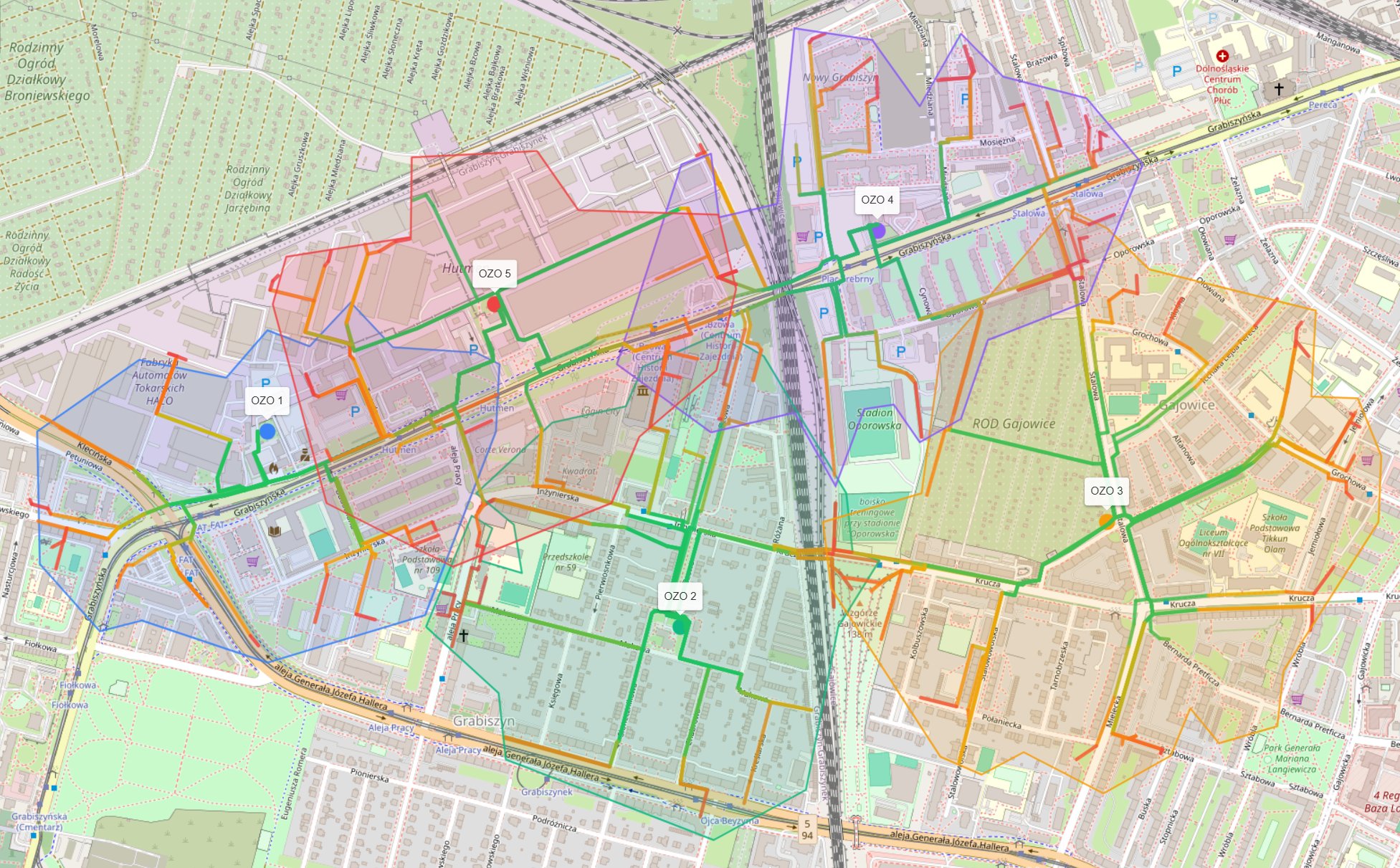 Mapa Wrocławia z pięcioma punktami OZO i obszarami zasięgu pieszego dojścia w rejonie Grabiszyna i Gajowic